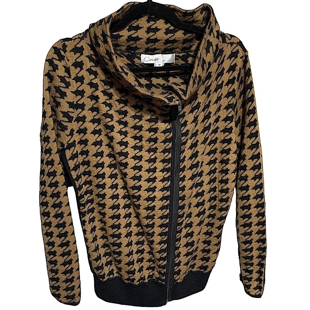 𝅺CURIO New York Black and Tan Houndstooth Zip Front Jacket Size Medium